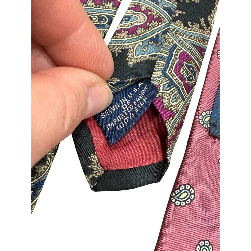 Lands End Mens Silk Ties Lot of 3 Handsewn USA Paisley Green Pink‎ Red